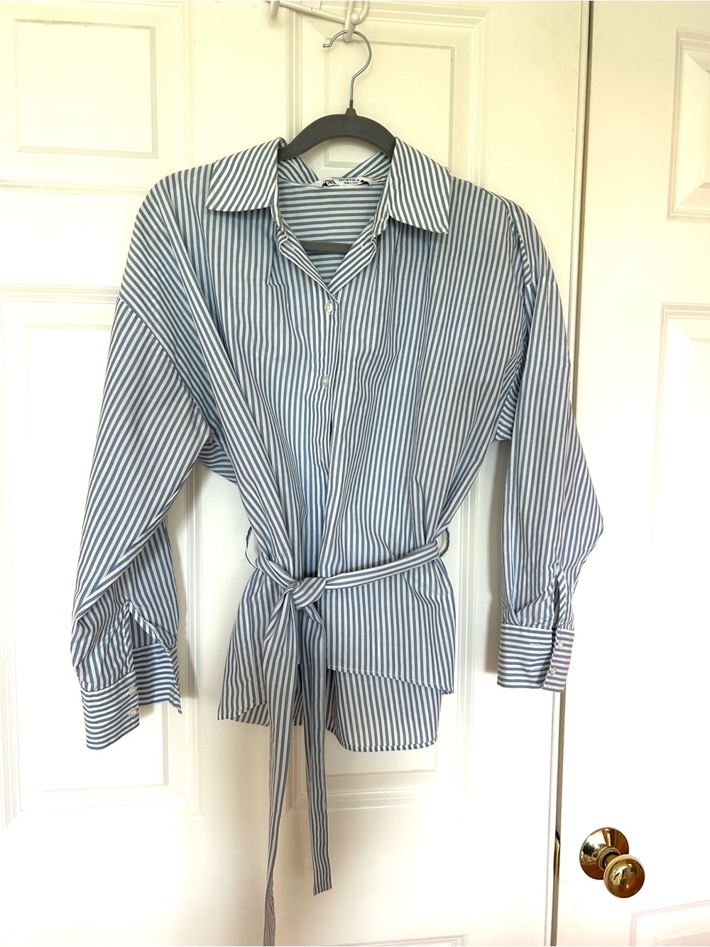 Blue and White Striped Tie-Waist Zara Women’s Shirt